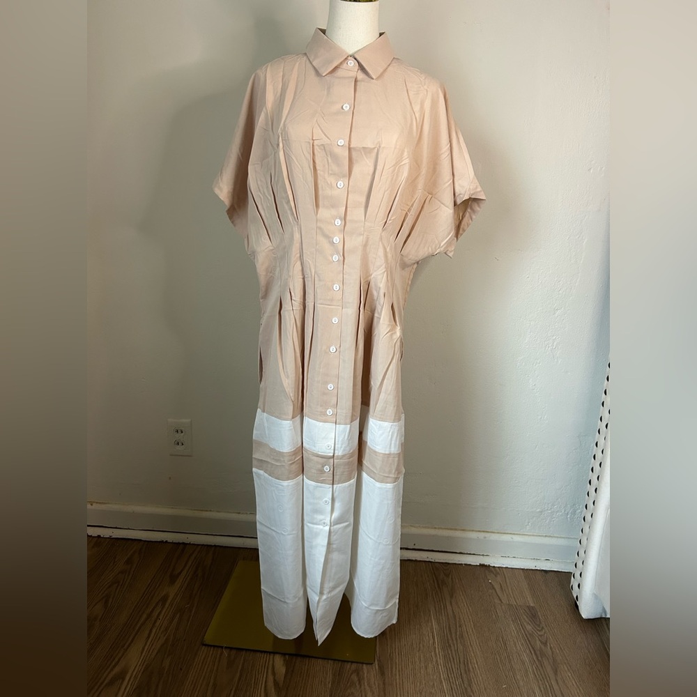 Neutral Beige & White Button-Front Maxi Shirt Dress - Picture 7 of 13
